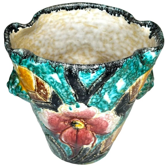 Vtg Italy Sgraffito Pottery Vase Signed Hand Painted Handles Allow Hanging 7” - Picture 7 of 11